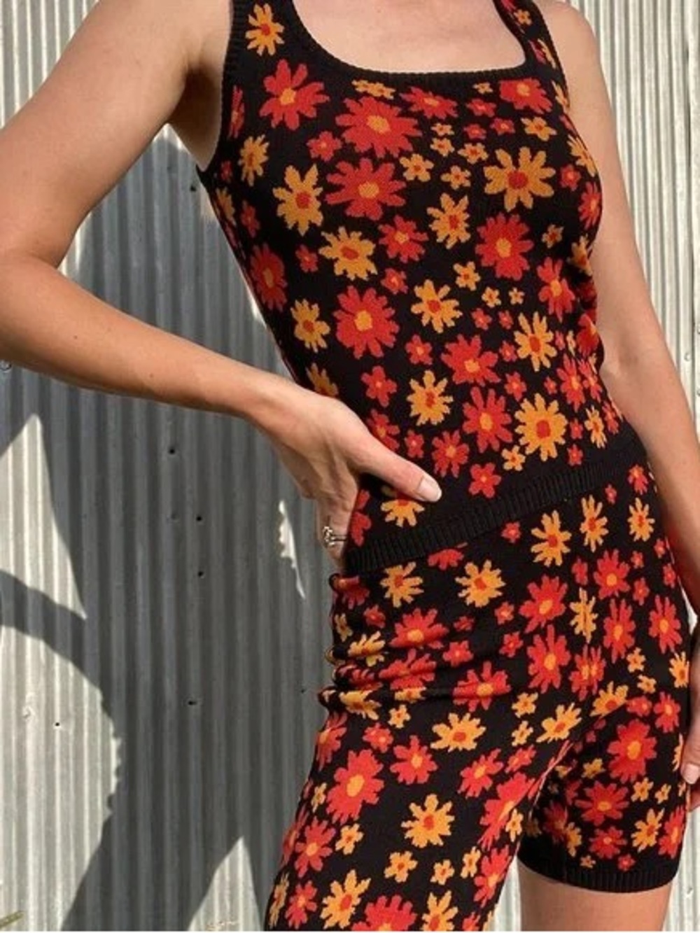 Current Air Los Angeles Red Orange Yellow Floral Knit Tank Top